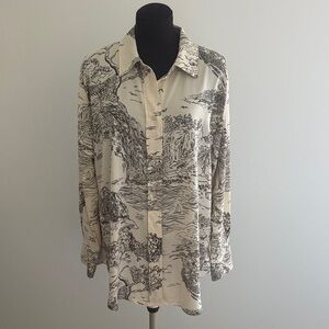 H&M Cream and Black Toile/Scenic-Print Button-Up Shirt size Medium